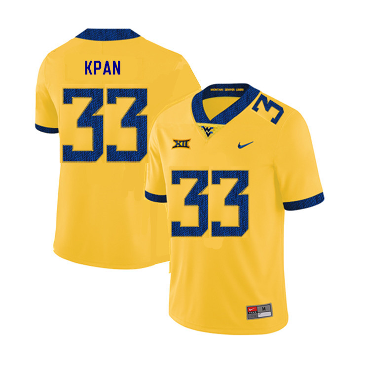 NCAA Men's T.J. Kpan West Virginia Mountaineers Yellow #33 Nike Stitched Football College 2019 Authentic Jersey XK23X74EJ